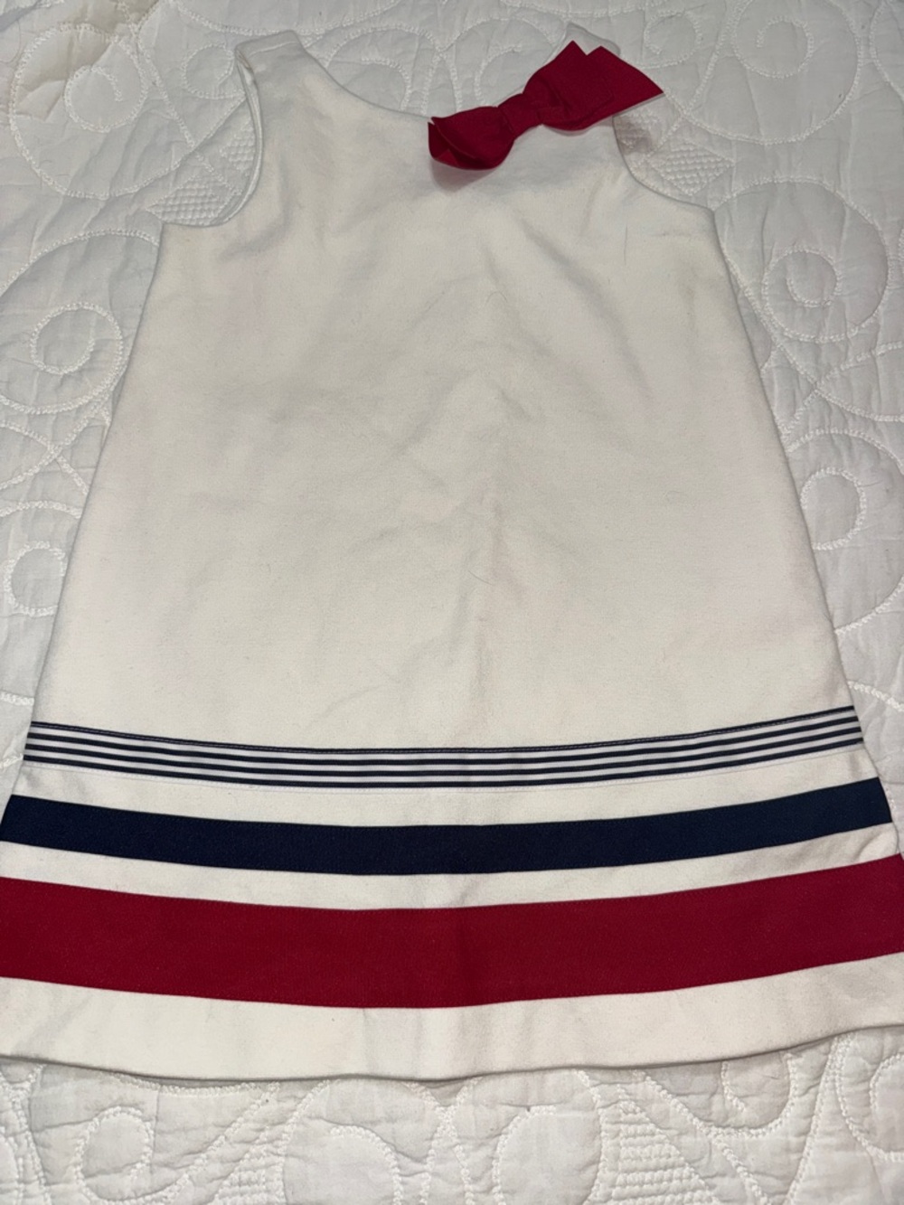 Janie and Jack Girls' White A-Line Dress with Navy and Red Stripes and Red Bow